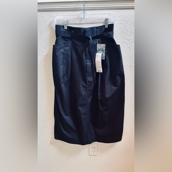 Uniqlo 100% Cotton Black Belted Midi Skirt Size 8 - Picture 2 of 5